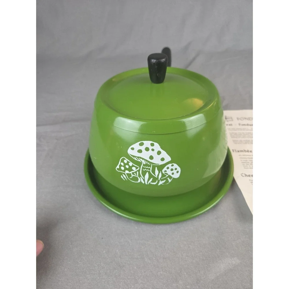 Vintage 70s Fondue Pot Avocado Green white Japan cooking pot retro mushroom